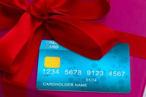 close up of credit cards on gift box